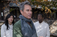 Katie Huang as Lydia, Eric McCormack as Tom Murphey, Dan Cordle as Ron, Carrie Preston as Elsbeth Tascioni, and Marcia Debonis as Sheryl in 'Elsbeth' Season 2 Episode 9 - 'Unalive and Well'