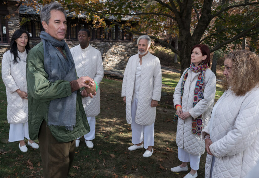 Katie Huang as Lydia, Eric McCormack as Tom Murphey, Dan Cordle as Ron, Carrie Preston as Elsbeth Tascioni, and Marcia Debonis as Sheryl in 'Elsbeth' Season 2 Episode 9 - 'Unalive and Well'