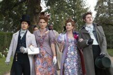 James Phoon as Harry Dankworth, Bessie Carter as Prudence Featherington, Harriet Cains as Philipa Featherington, Lorn Macdonald as Albion Finch in episode 308 of Bridgerton