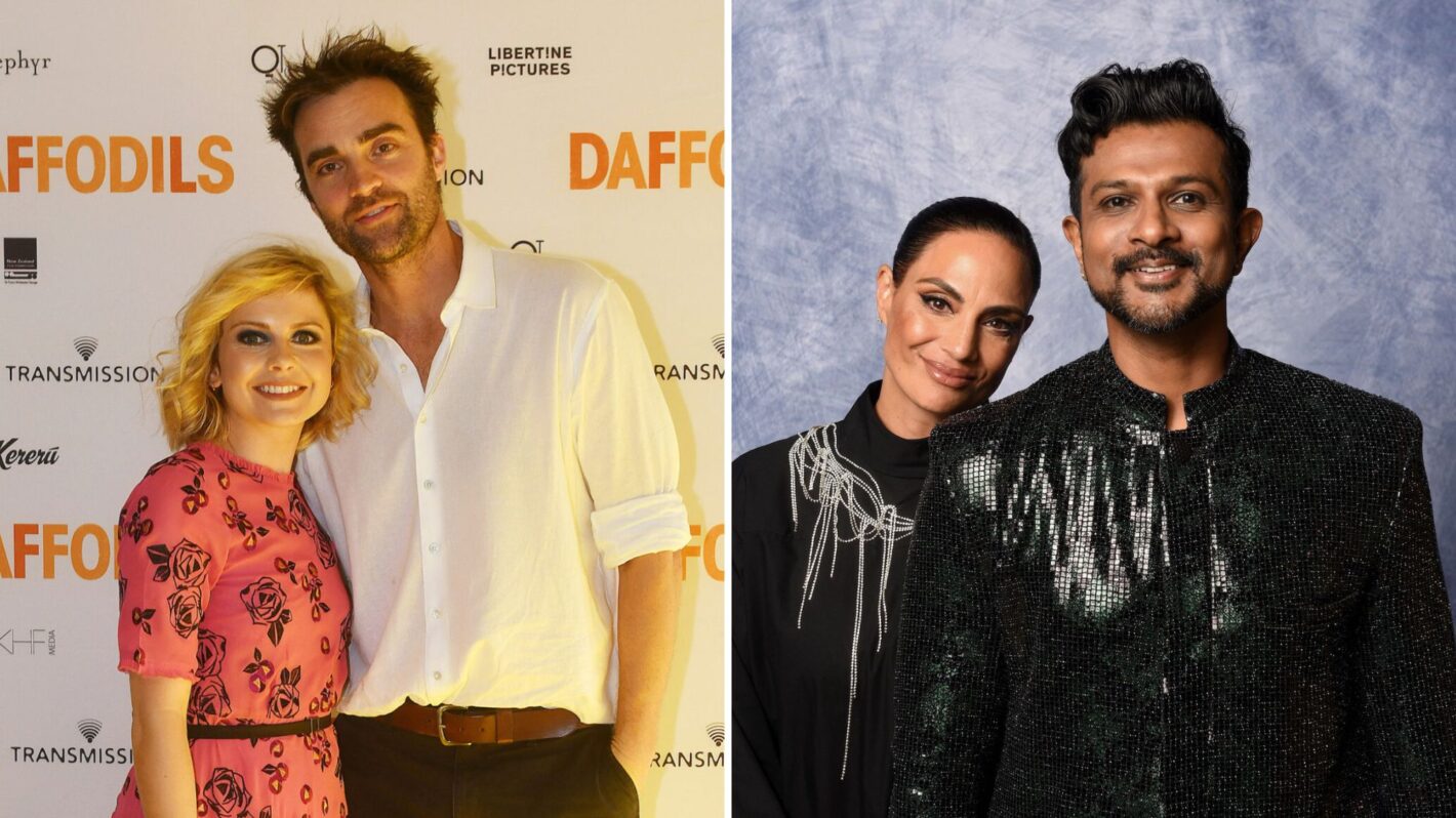 Rose McIver and George Bryne attend the DAFFODILS World Premiere at The Embassy Theatre on February 14, 2019 in Wellington, New Zealand / Naomi Ambudkar and Utkarsh Ambudkar pose for a portrait during The Critics Choice Association 3rd Annual Celebration Of AAPI Cinema & Television at The Egyptian Theatre Hollywood on November 12, 2024 in Los Angeles, California.