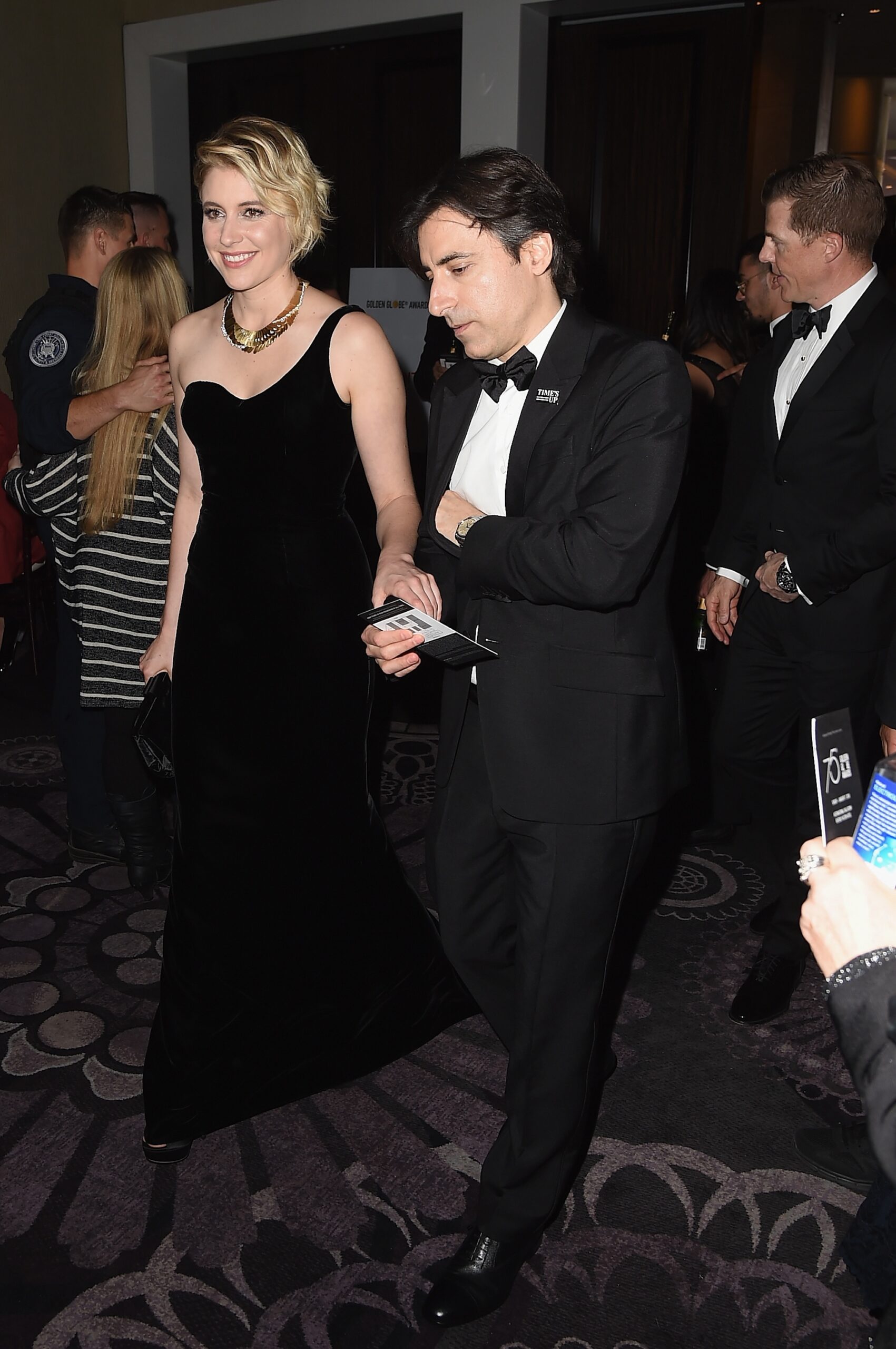 Greta Gerwig and Noah Baumbach attend The 75th Annual Golden Globe Awards at The Beverly Hilton Hotel on January 7, 2018 in Beverly Hills, California.