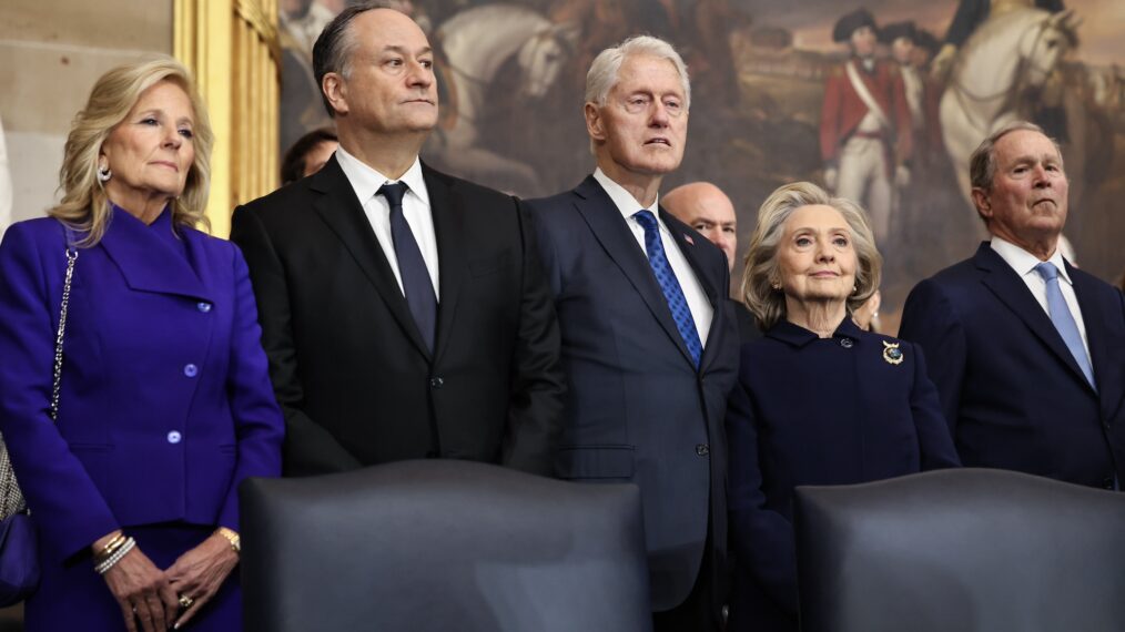 First Lady Jill Biden (L), First Gentleman Doug Emhoff, former President Bill Clinton, former Secretary of State Hillary Clinton, and former President George W. Bush attend the inauguration of U.S. President-elect Donald Trump