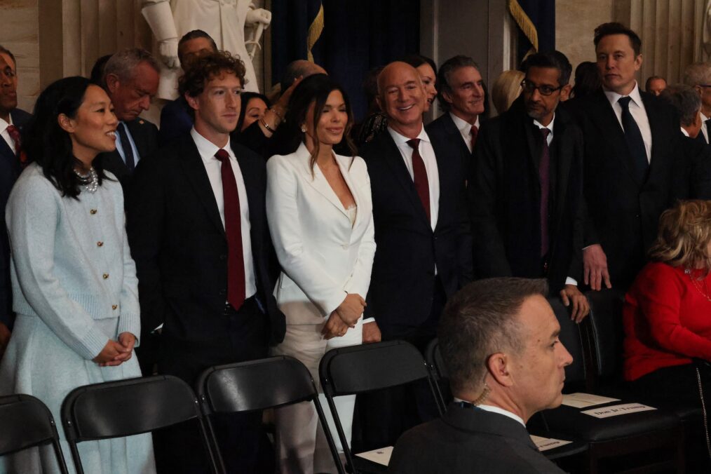 Priscilla Chan (L), Meta founder Mark Zuckerberg, Lauren Sanchez, Amazon founder Jeff Bezos, Google CEO Sundar Pichai and Tesla CEO Elon Musk (R) attend the inauguration of U.S. President-elect Donald Trump