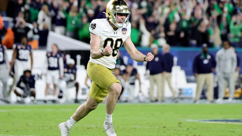 Mitch Jeter #98 of the Notre Dame Fighting Irish celebrates after kicking the game-winning field goal during the fourth quarter against the Penn State Nittany Lions in the Capital One Orange Bowl at Hard Rock Stadium on January 09, 2025, in Miami Gardens, Florida.