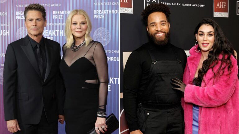 LOS ANGELES, CALIFORNIA - APRIL 13: (L-R) Rob Lowe and Sheryl Berkoff attend the 10th Annual Breakthrough Prize Ceremony at Academy Museum of Motion Pictures on April 13, 2024 in Los Angeles, California and INGLEWOOD, CALIFORNIA - DECEMBER 01: (L-R) John Clarence Stewart and Natacha Karam attend AHF World AIDS Day 2021 Concert at The Forum on December 01, 2021 in Inglewood, California.