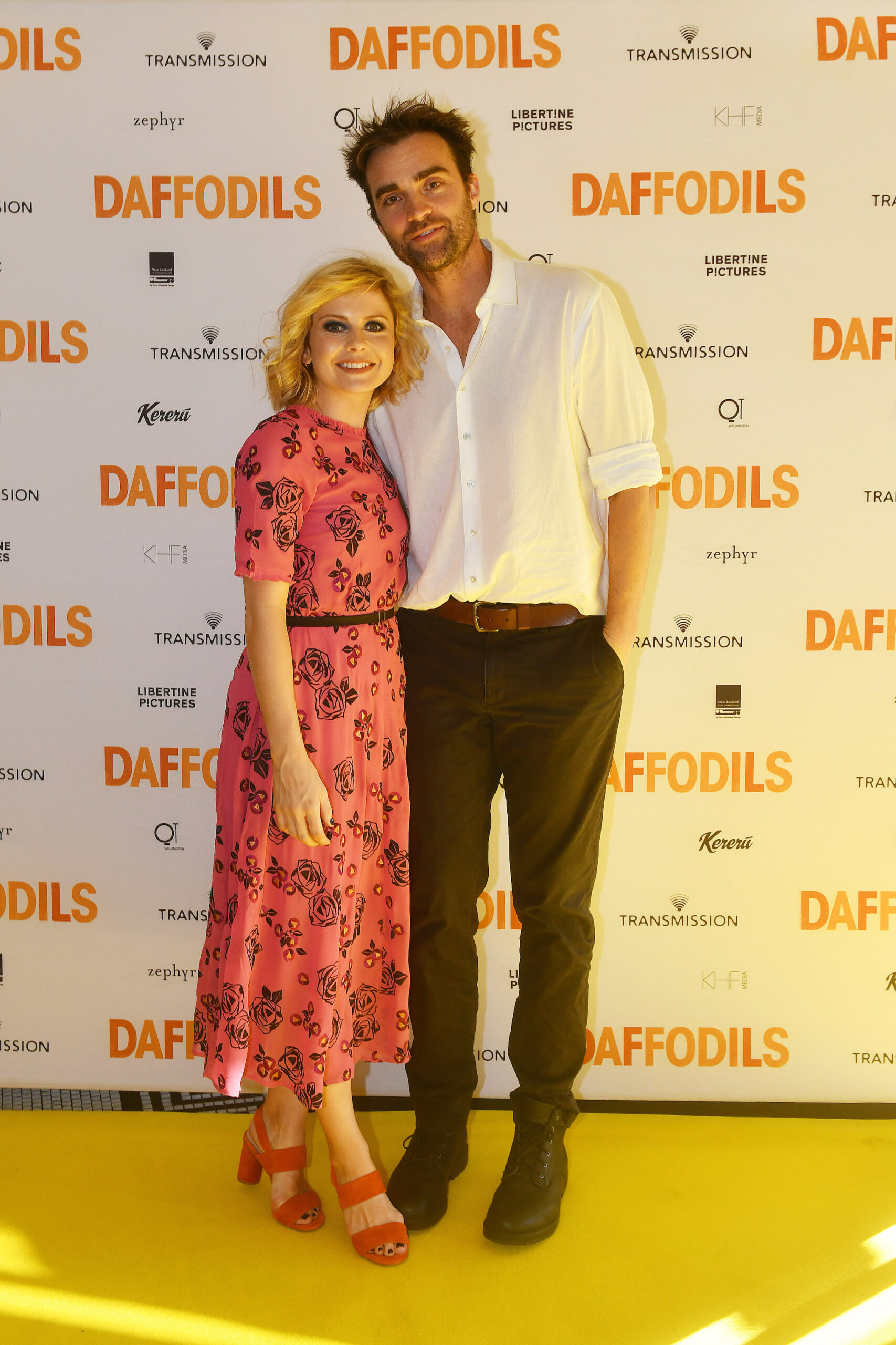 Rose McIver and George Bryne attend the DAFFODILS World Premiere at The Embassy Theatre on February 14, 2019 in Wellington, New Zealand.