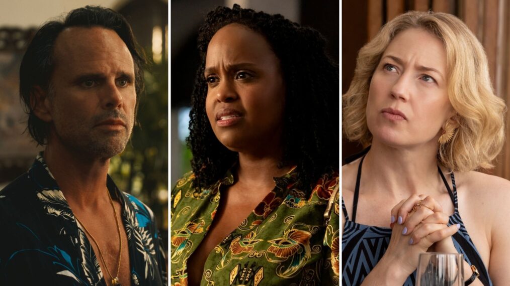 Walton Goggins, Natasha Rothwell, and Carrie Coon in 'The White Lotus' Season 3