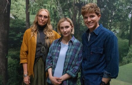 Toni Collette, Laura Redman, and Mae Martin behind the scenes of episode 101 of Wayward