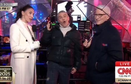 Whitney Cummings on CNN during 'New Year's Eve Live' 2025 with Andy Cohen and Anderson Cooper