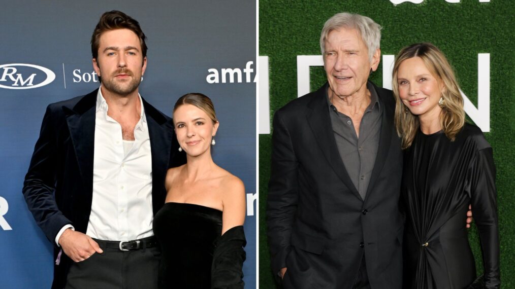 Brandon Sklenar and Courtney Salviolo attend amfAR Las Vegas at Wynn Las Vegas on November 22, 2024 in Las Vegas, Nevada; Harrison Ford and Calista Flockhart attend the season 2 world premiere of Apple TV+'s 'Shrinking' at Pacific Design Center on October 08, 2024 in West Hollywood, California.