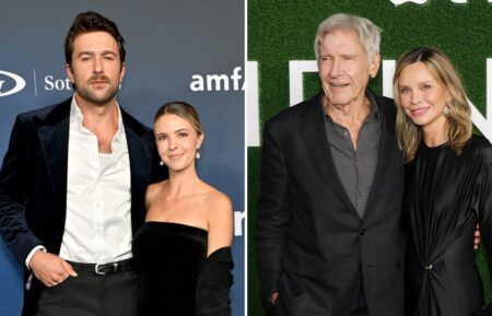 Brandon Sklenar and Courtney Salviolo attend amfAR Las Vegas at Wynn Las Vegas on November 22, 2024 in Las Vegas, Nevada; Harrison Ford and Calista Flockhart attend the season 2 world premiere of Apple TV+'s 