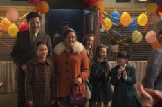 Roger Noble (Conor O'Donnell), Colette Corrigan (Francesca Fullilove), Nancy Corrigan (Megan Cusack), Shelagh Turner (Laura Main), Angela Turner (Alice Brown), and May Tang (April Rae Hoang) in 'Call the Midwife' Season 14