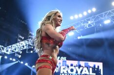 Charlotte Flair celebrates her win during the Women's Royal Rumble at Lucas Oil Stadium on February 1, 2025 in Indianapolis