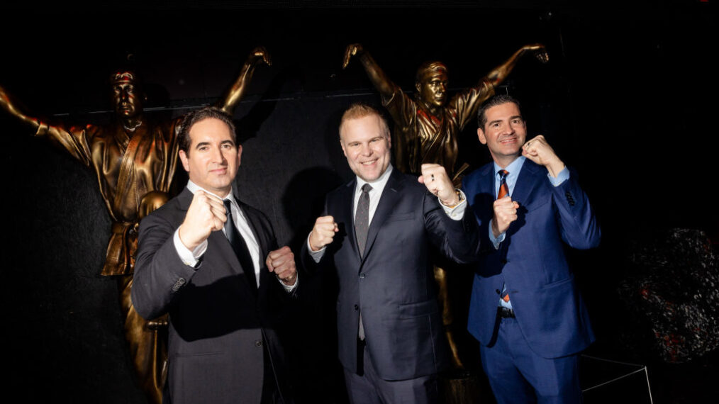 Hayden Schlossberg, Josh Heald and Jon Hurwitz attend Netflix's 'Cobra Kai' Series Finale World Premiere at The Egyptian Theatre Hollywood on February 12, 2025 in Los Angeles, California. (Photo by Roger Kisby/Getty Images for Netflix)