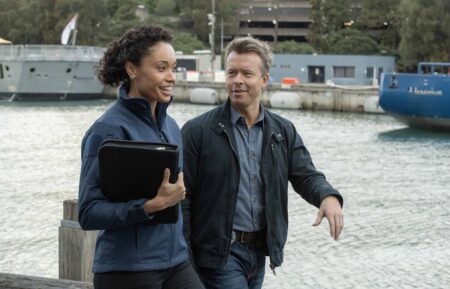 Olivia Swann as NCIS Special Agent Captain Michelle Mackey and Todd Lasance as AFP Liaison Officer Sergeant Jim 'JD' Dempsey in NCIS: Sydney episode 2, season 2