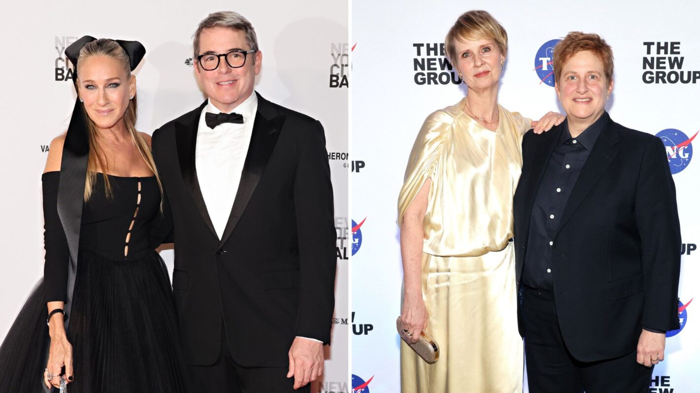 Sarah Jessica Parker and Matthew Broderick attend the New York City Ballet 2023 Fall Fashion Gala at David H. Koch Theater, Lincoln Center on October 05, 2023 in New York City / Cynthia Nixon and Christine Marinoni attend The New Group's 2024 Gala at The Edison Ballroom on March 18, 2024 in New York City.