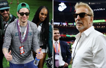 Pete Davidson and Kevin Costner at the 2025 Super Bowl