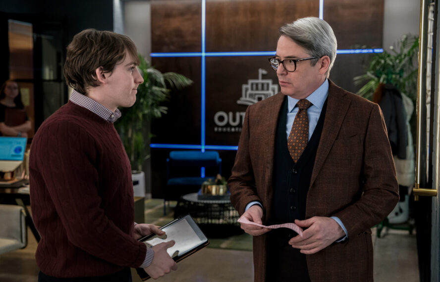 Jamies Wilkie Broderick as Carl and Matthew Broderick as Lawrence Grey in 'Elsbeth' Season 2 Episode 12, 'Foiled Again'