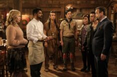 Rose McIver as Samantha, Utkarsh Ambudkar as Jay, Román Zaragoza as Sasappis, Richie Moriarty as Pete, Caroline Aaron as Carol, and Lenny Venito as Anthony in 'Ghosts' Season 4