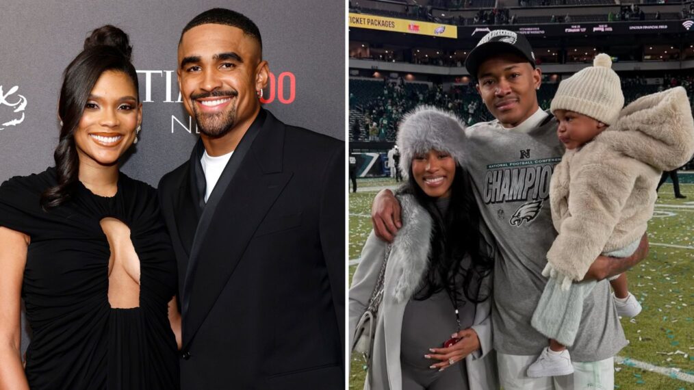 NEW YORK, NEW YORK - OCTOBER 24: (L-R) Bry Burrows and Jalen Hurts attend the 2023 TIME100 Next event at Second Floor on October 24, 2023 in New York City and DeVonta Smith, Mya Danielle, and their kid.