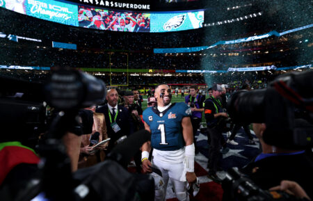 Jalen Hurts #1 of the Philadelphia Eagles celebrates after Philadelphia beat Kansas City 40-22 to win Super Bowl LIX