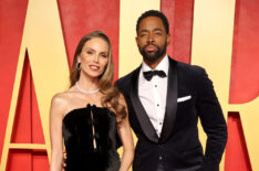 Nina Senicar and Jay Ellis attend the 2024 Vanity Fair Oscar Party Hosted By Radhika Jones at Wallis Annenberg Center for the Performing Arts on March 10, 2024 in Beverly Hills, California.