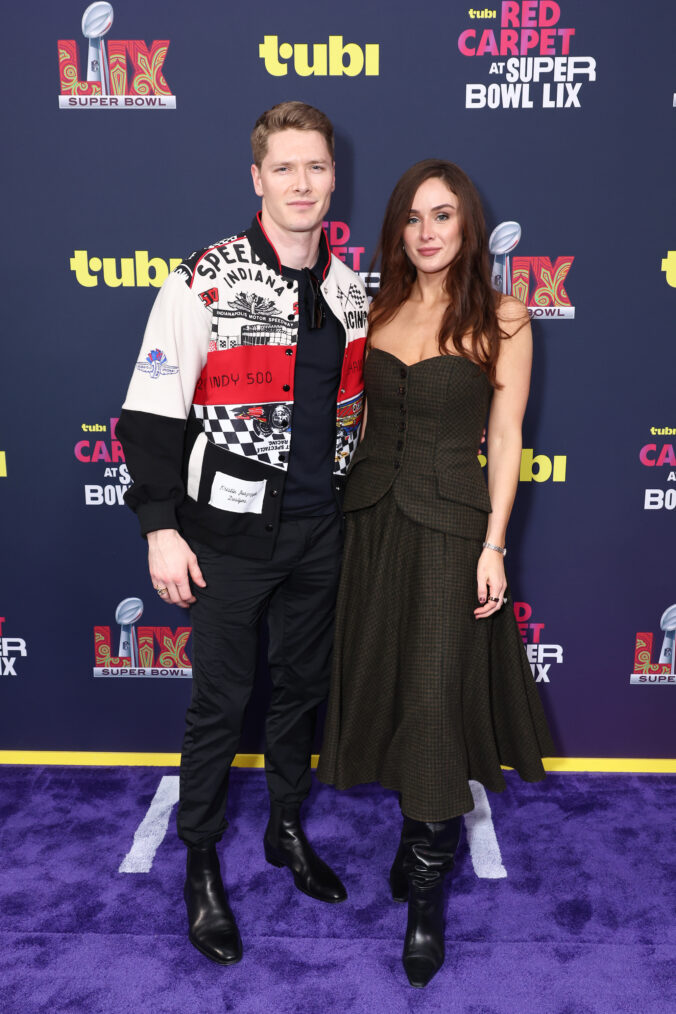 Josef Newgarden and Ashley Newgarden attend the purple carpet during the Super Bowl LIX