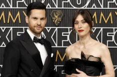 Tom Riley and Lizzy Caplan attend the 75th Primetime Emmy Awards at Peacock Theater on January 15, 2024 in Los Angeles, California.