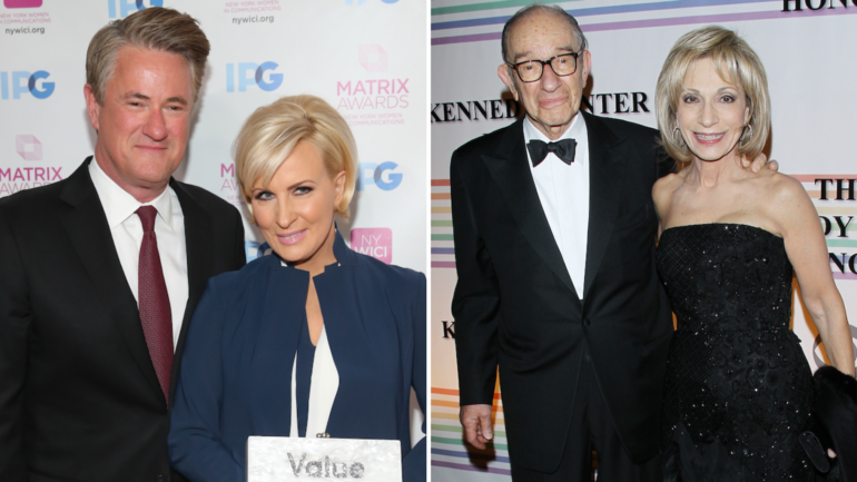 Mika Brzezinksi and Joe Scarborough attend the 2018 Matrix Awards, Alan Greenspan and TV Personality Andrea Mitchell (R) arrive at the 34th Kennedy Center Honors