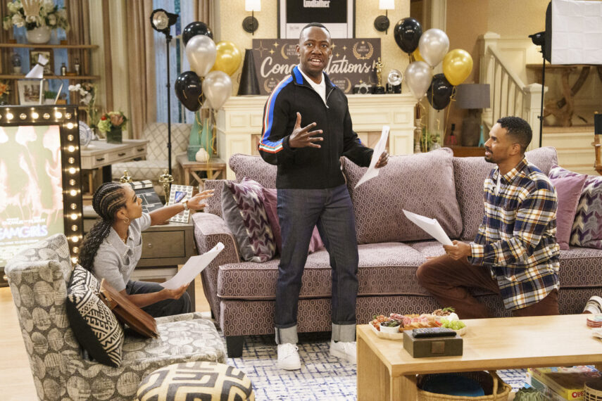 Tetona Jackson as Nina, Lamorne Morris as Todd, and Damon Wayans Jr. as Junior in 'Poppa's House' Season 1 Episode 10 - 'Elevator Friend'