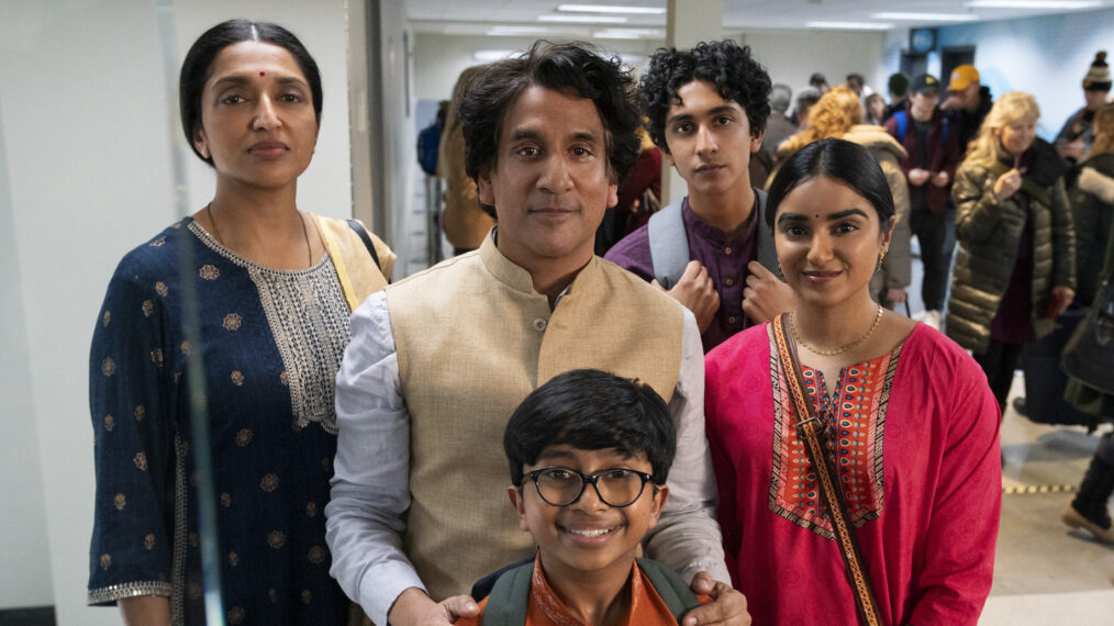 Sindhu Vee, Naveen Andrews, Ashwin Sakthivel, Arjun Sriram, and Sahana Srinivasan in 'The Pradeeps of Pittsburgh'