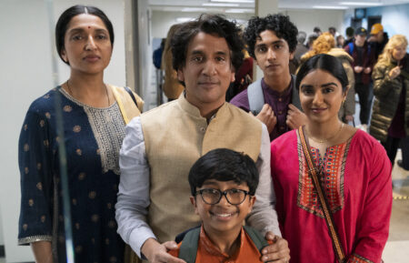 Sindhu Vee, Naveen Andrews, Ashwin Sakthivel, Arjun Sriram, and Sahana Srinivasan in 'The Pradeeps of Pittsburgh'