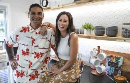 Kamohai (left) and Tristyn (right) in the finished coffee area, as seen on Renovation Aloha, Season 1.