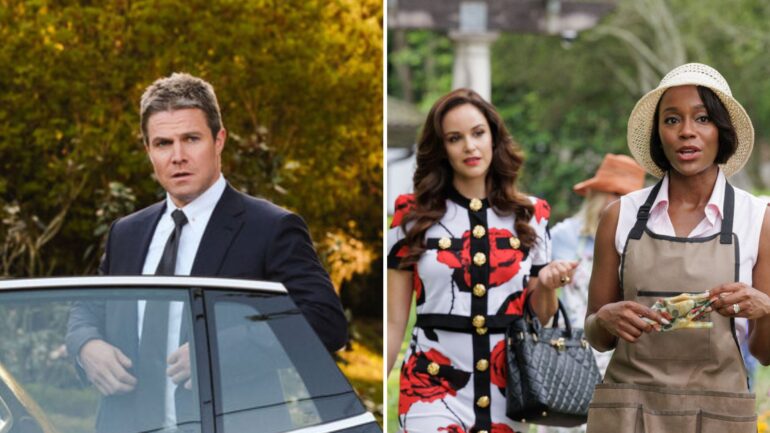 Stephen Amell as Ted Black in 'Suits LA,' Melissa Fumero as Birdie, Aja Naomi King as Catherine in 'Grosse Pointe Garden Society'