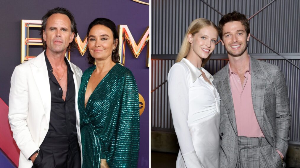 Walton Goggins and Nadia Conners attend the 76th Primetime Emmy Awards at Peacock Theater on September 15, 2024 in Los Angeles, California; Abby Champion and Patrick Schwarzenegger attend Prime Video's 'The Terminal List' Red Carpet Premiere on June 22, 2022 in Los Angeles, California.