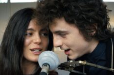 Monica Barbaro as Joan Baez and Timothee Chalamet as Bob Dylan in A Complete Unknown