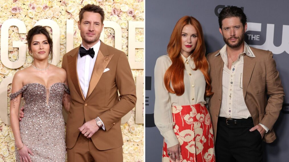 Sofia Pernas and Justin Hartley attend the 81st Annual Golden Globe Awards at The Beverly Hilton on January 07, 2024 in Beverly Hills, California; Danneel Ackles and Jensen Ackles attend the 2022 CW Upfront at New York City Center on May 19, 2022 in New York City.