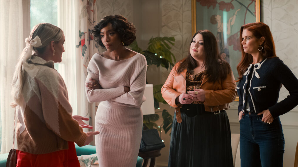 Jamie Lynn Spears as Noreen Fitzgibbons, Heather Headley as Helen Decatur, Brooke Elliott as Dana Sue Sullivan and JoAnna Garcia Swisher as Maddie Townsend in episode 410 of Sweet Magnolias.