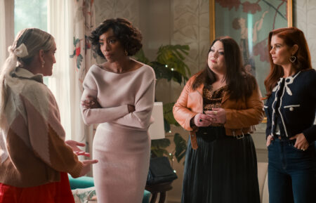 Jamie Lynn Spears as Noreen Fitzgibbons, Heather Headley as Helen Decatur, Brooke Elliott as Dana Sue Sullivan and JoAnna Garcia Swisher as Maddie Townsend in episode 410 of Sweet Magnolias.