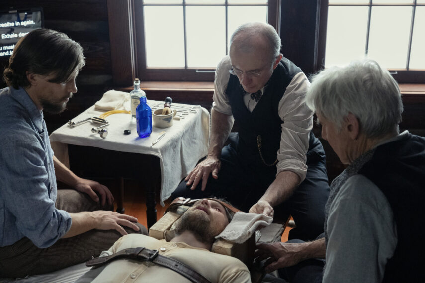 Darren Mann as Jack Dutton, Brian Geraghty as Zane, Mark Daneri as Dr. Miller and Harrison Ford as Jacob Dutton in '1923' Season 2 Episode 4 - 'Journey the Rivers of Iron'