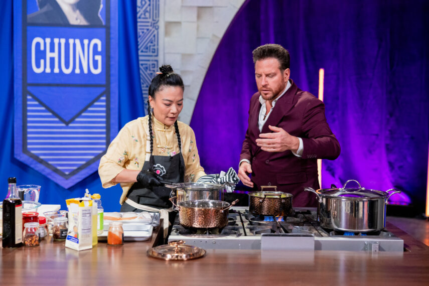 Competitor Shirley Chung and host Scott Conant in House of Knives