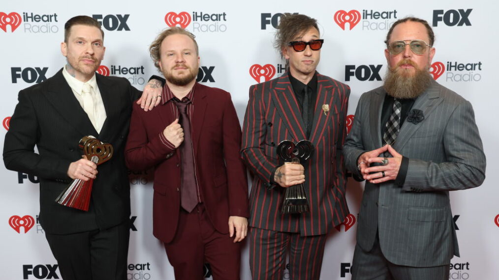 LOS ANGELES, CALIFORNIA - MARCH 17: (FOR EDITORIAL USE ONLY) (L-R) Brent Smith, Zach Myers, Eric Bass and Barry Kerch of Shinedown, winners of Rock Song of the Year and Rock Album of the Year, attend the Winners Walk at the 2025 iHeartRadio Music Awards at Dolby Theatre in Los Angeles, California on March 17, 2025. Broadcasted live on FOX. (Photo by Phillip Faraone/Getty Images for iHeartRadio)