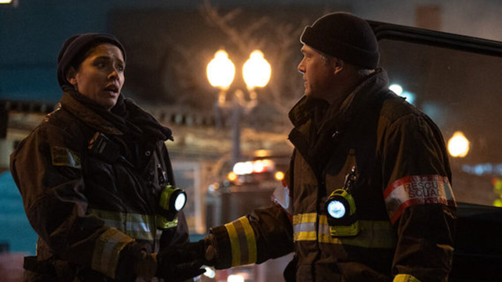 Miranda Rae Mayo as Stella Kidd, Taylor Kinney as Kelly Severide in 'Chicago Fire' Season 13 Episode 15 - 'Too Close'