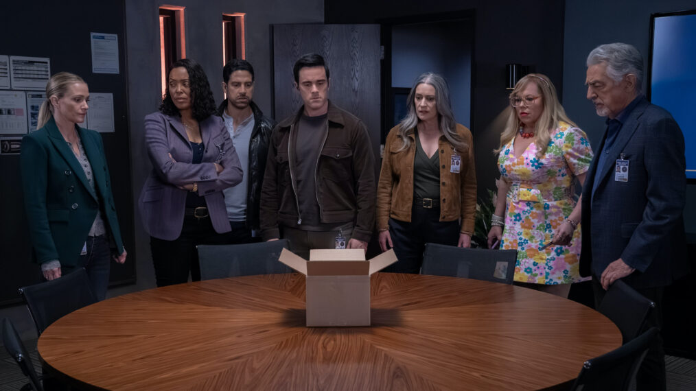 A.J. Cook as Jennifer ‘JJ’ Jareau, Aisha Tyler as Dr. Tara Lewis, Adam Rodriguez as Luke Alvez, RJ Hatanaka as Tyler Green, Paget Brewster as Emily Prentiss, Kirsten Vangsness as Penelope Garcia, and Joe Mantegna as David Rossi in Criminal Minds: Evolution, season 18