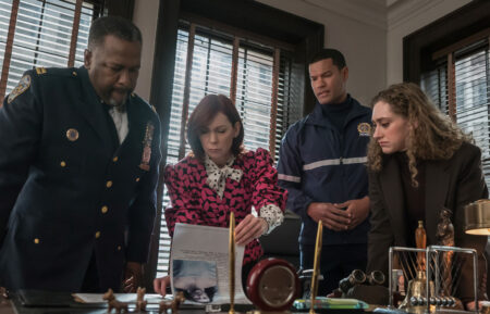 Wendell Pierce as Captain Wagner, Carrie Preston as Elsbeth Tascioni, Sullivan Jones as Cameron Clayden, and Micaela Diamond as Det. Samantha Edwards in 'Elsbeth' Season 2 Episode 16 - 'Hot Tub Crime Machine'