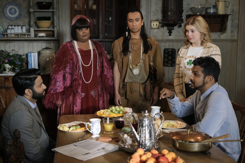 Asif Ali, Danielle Pinnock, Roman Zaragoza, Rose McIver, and Utkarsh Ambudkar in 'Ghosts' Season 4