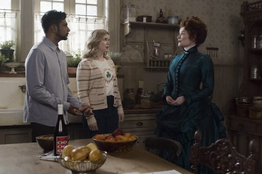 Utkarsh Ambudkar, Rose McIver, and Rebecca Wisocky in 'Ghosts' Season 4