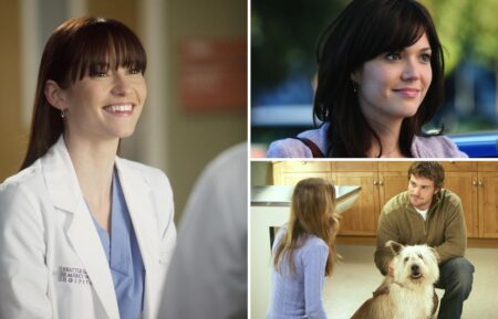 Chyler Leigh as Lexie Grey, Mandy Moore as Mary Portman, and Chris O'Donnell as Finn Dandridge with dog on 'Grey's Anatomy'