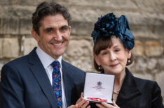 Mrs Heidi-Louise Thomas McGann, Screenwriter and Playwright, from Royston, poses with her husband Stephen McGann after being made an Officer of the Order of the British Empire by King Charles III at Windsor Castle on February 14, 2023 in London, England. The honour recognises services to drama.