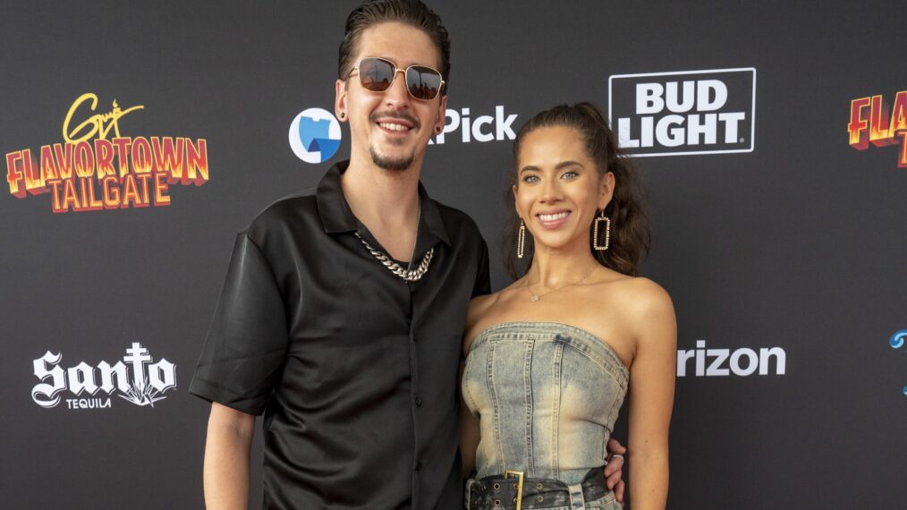 Internet personality and Guy Fieri's son Hunter Fieri with Tara Bernstein arrives at Guy Fieri's Flavortown Tailgate Party